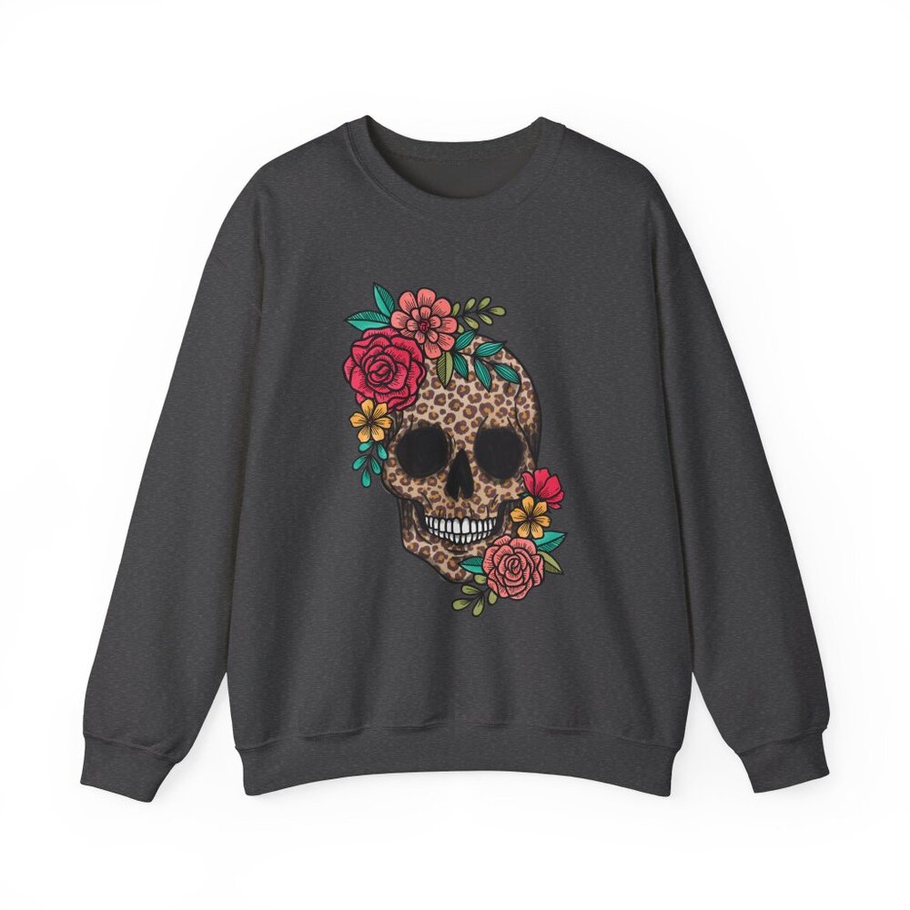 Skull with Vibrant Flowers Unisex Gildan Sweatshirt Crewneck - Picture 11 of 13